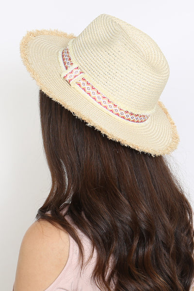 MH0036-FRAYED TRIM AZTEC STRAW HAT