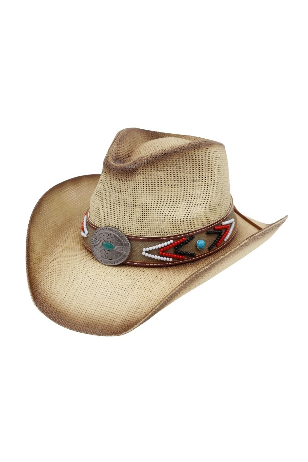 VINTAGE WESTERN STRAW HAT WITH BEADED BAND & TURQUOISE  display picture 1