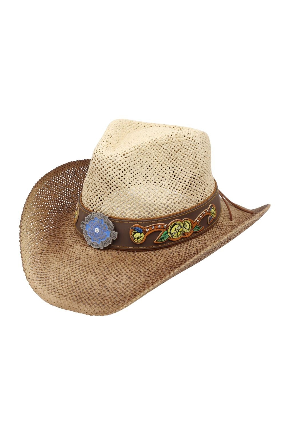 BOHO TWO-TONE COWBOY STRAW HAT WITH RHINESTONES STUDDED 