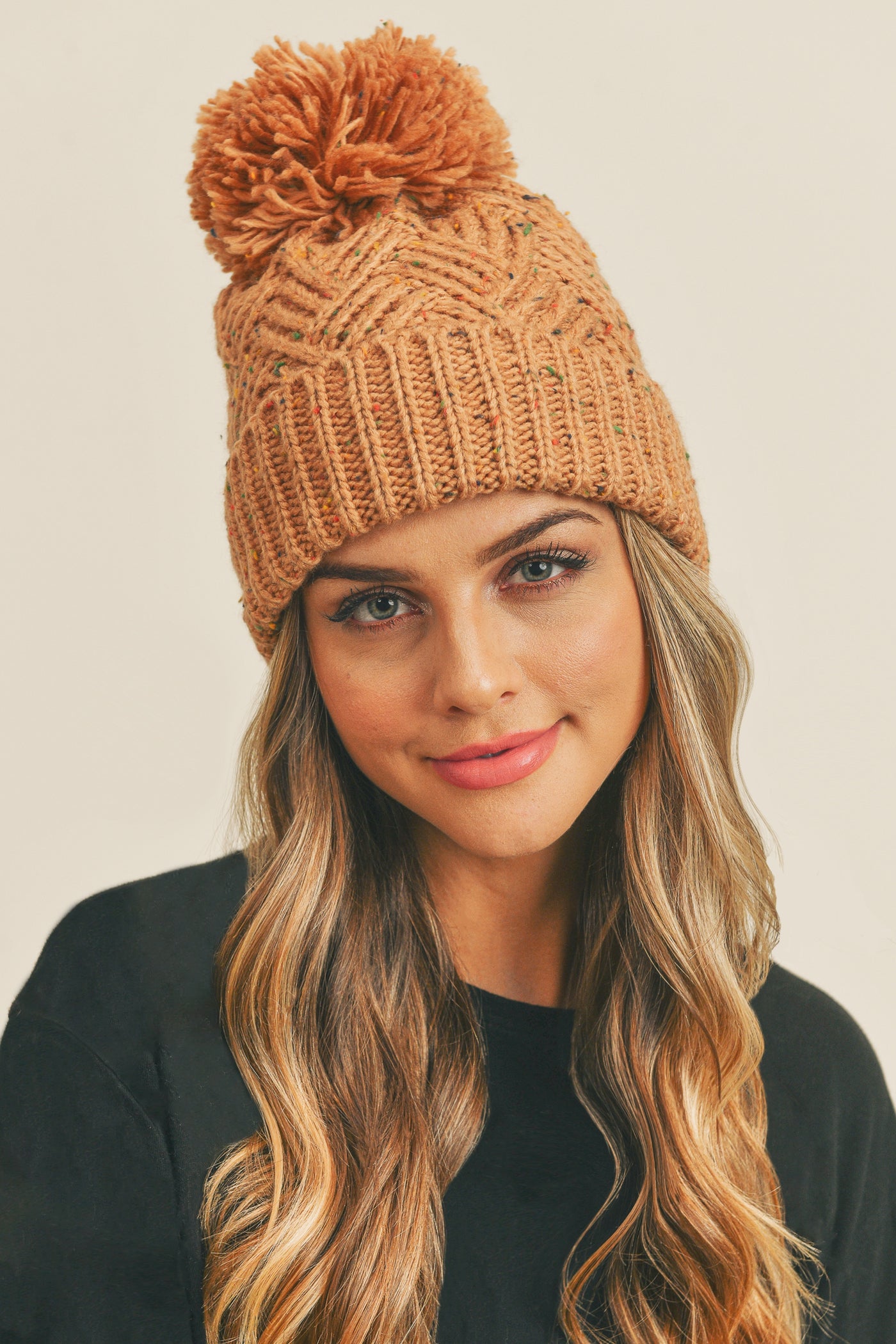 CONFETTI DIAGONAL STRIPES POMPOM KNIT BEANIE