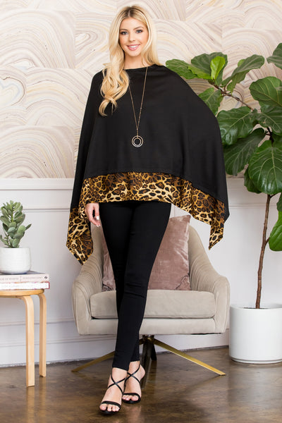 ALL YEAR ROUND LEOPARD TRIM SOLID PONCHO (NOW $5.25 ONLY)