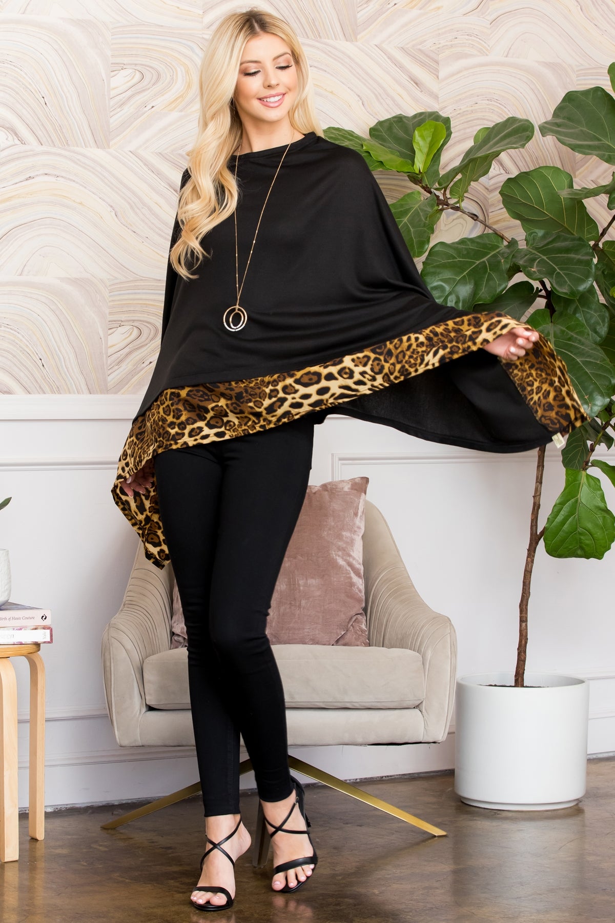 ALL YEAR ROUND LEOPARD TRIM SOLID PONCHO (NOW $5.25 ONLY)