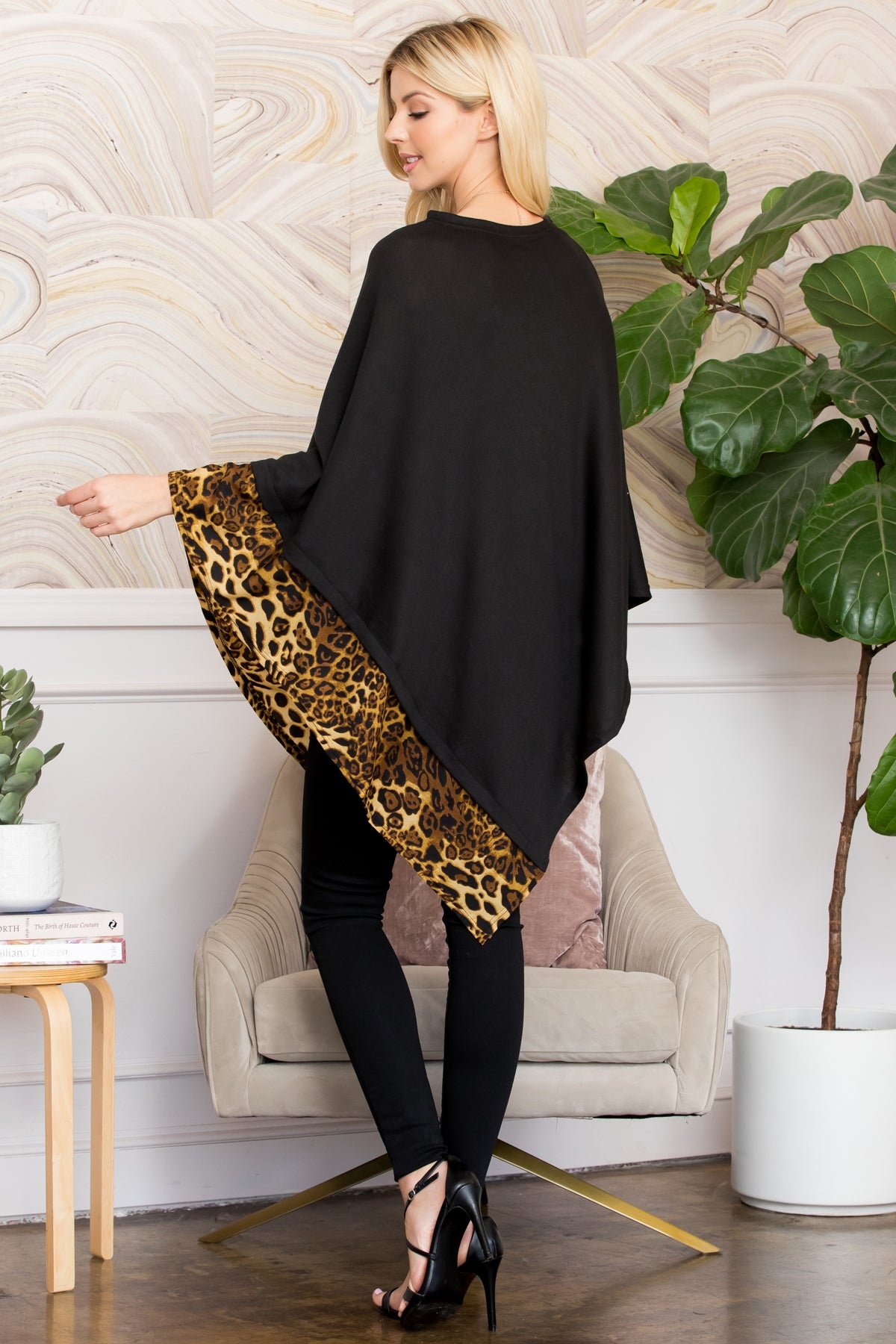 ALL YEAR ROUND LEOPARD TRIM SOLID PONCHO (NOW $5.25 ONLY)