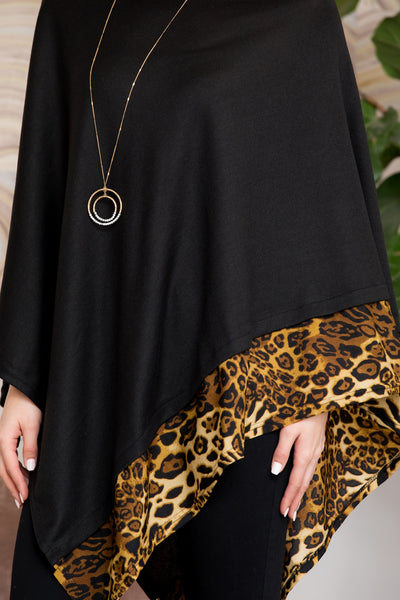 ALL YEAR ROUND LEOPARD TRIM SOLID PONCHO (NOW $5.25 ONLY)