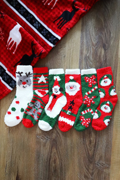 CHRISTMAS FUZZY SOCKS SET 12PAIRS ( 6 DESIGN 2 PAIRS EACH )-CHRISTMAS/12PCS