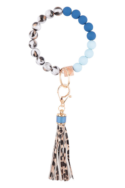 SILICONE COATED MULTICOLOR BEAD TASSEL BANGLE BRACELET KEYCHAIN