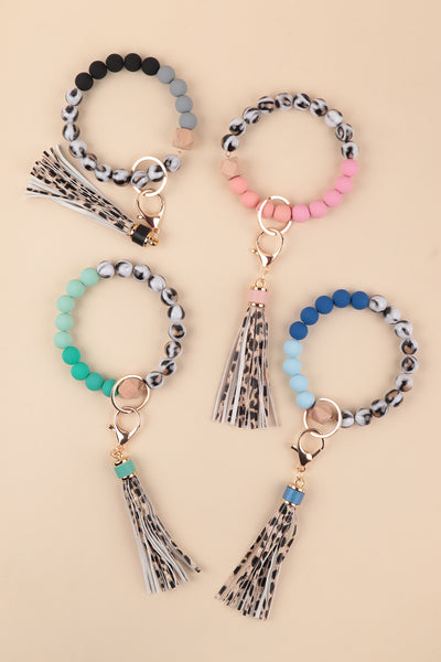 SILICONE COATED MULTICOLOR BEAD TASSEL BANGLE BRACELET KEYCHAIN