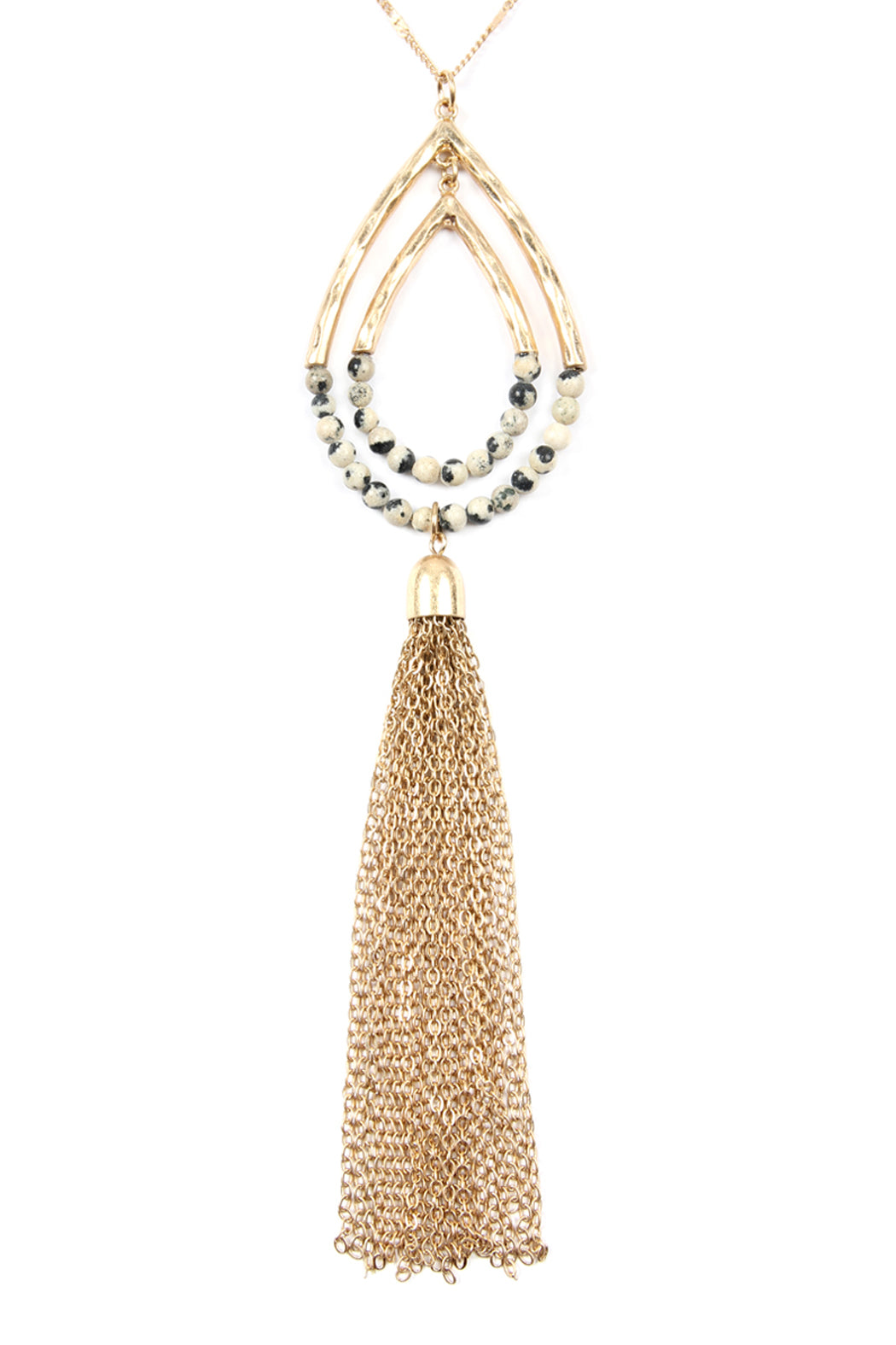 CHAIN TASSEL HAMMERED TEARDROP PENDANT NECKLACE