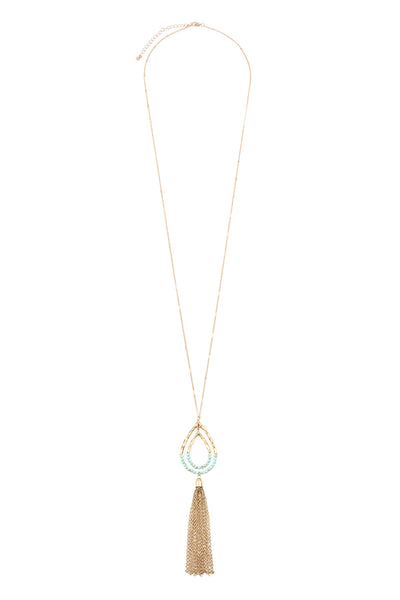 CHAIN TASSEL HAMMERED TEARDROP PENDANT NECKLACE