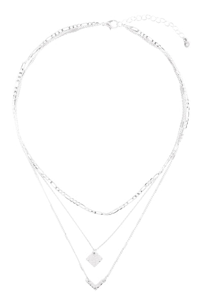 HAMMERED DIAMOND & V PENDANT MULTI LAYERED CHAIN NECKLACE