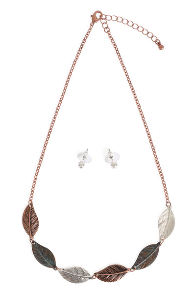 LEAVES PENDANT CHAIN NECKLACE AND EARRINGS SET