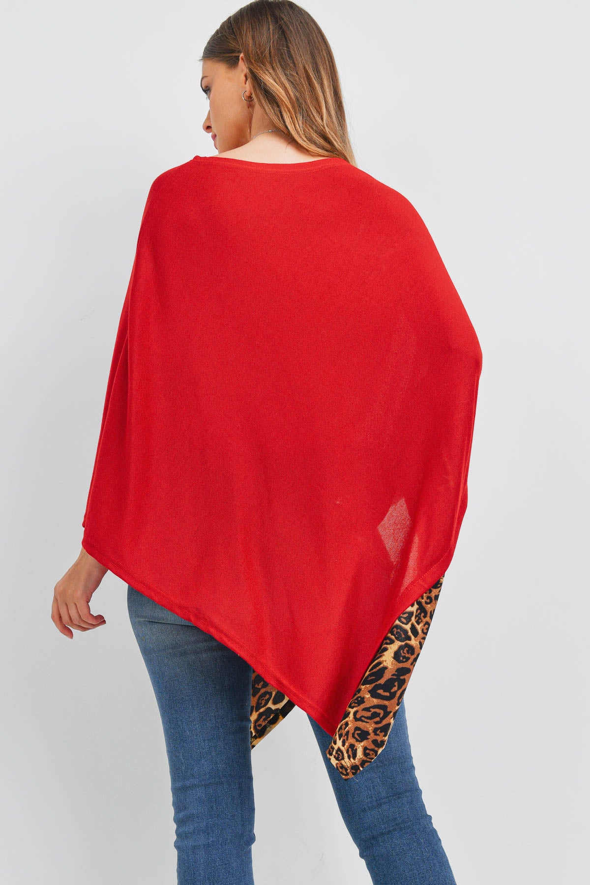 ALL YEAR ROUND LEOPARD TRIM SOLID PONCHO (NOW $5.25 ONLY)