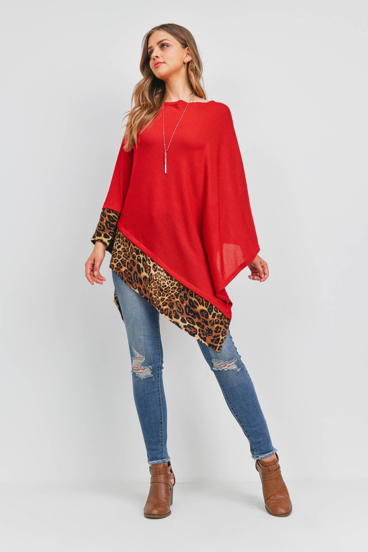 ALL YEAR ROUND LEOPARD TRIM SOLID PONCHO (NOW $5.25 ONLY)