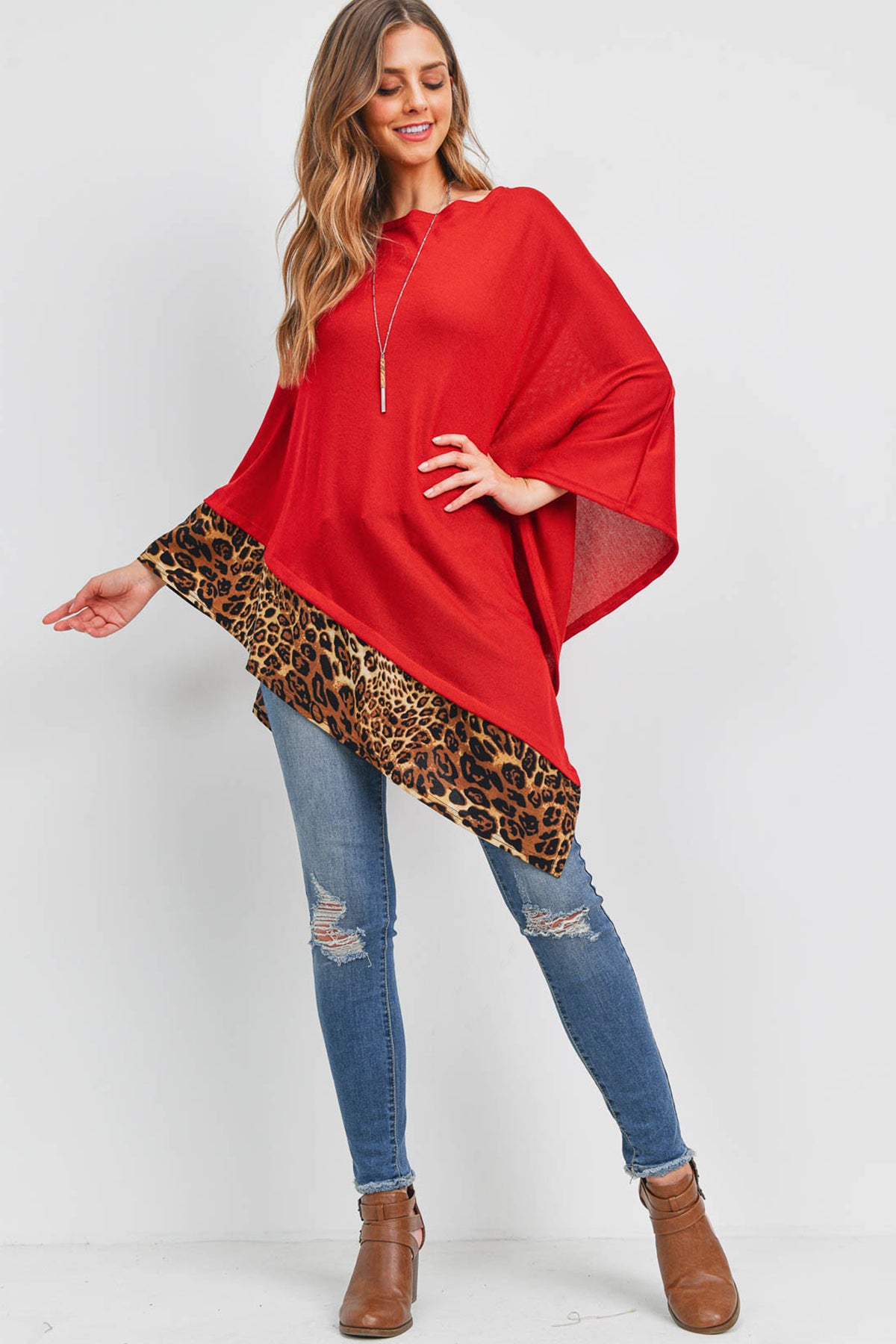 ALL YEAR ROUND LEOPARD TRIM SOLID PONCHO (NOW $5.25 ONLY)