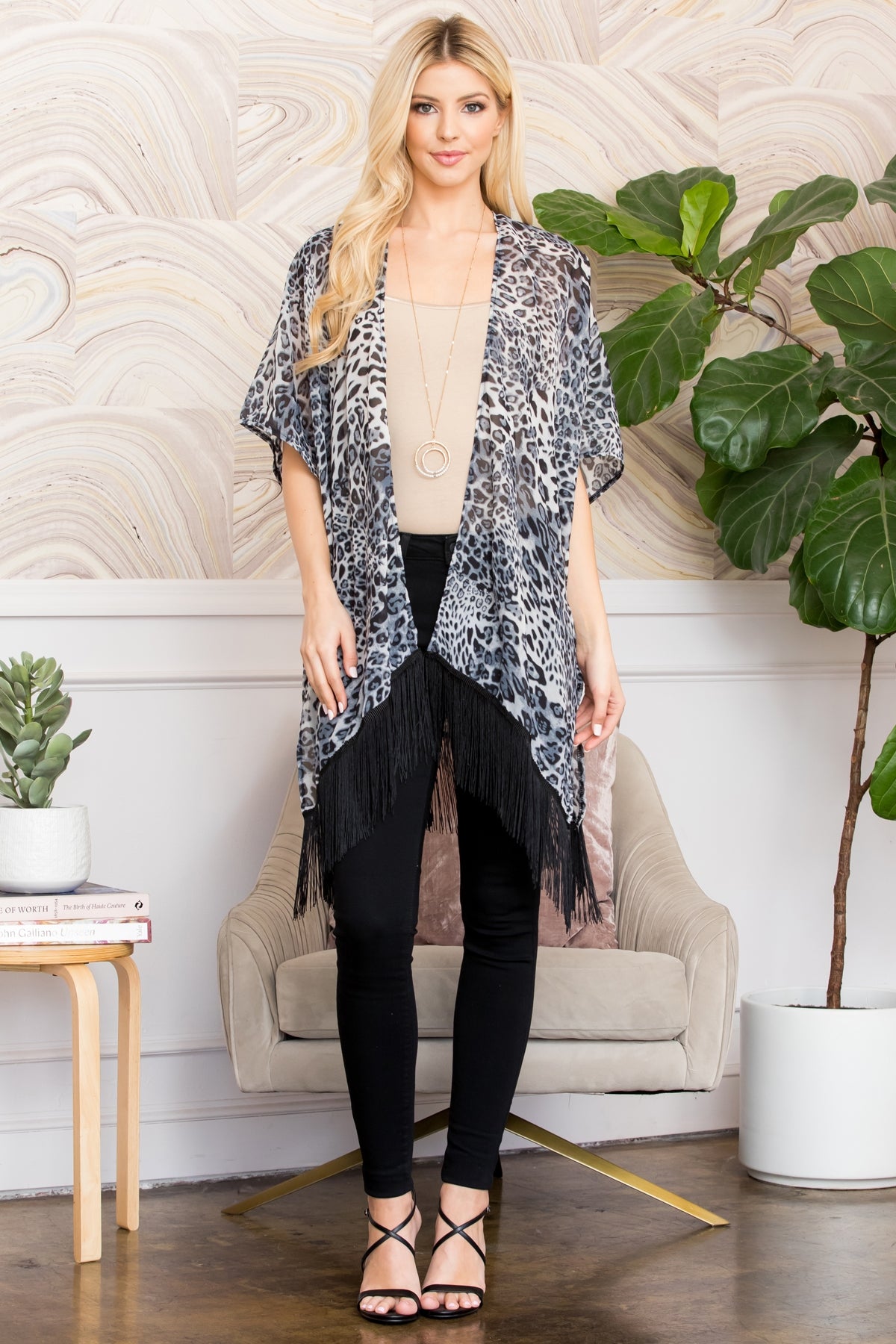 LEOPARD FRINGE KIMONO