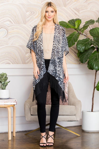 LEOPARD FRINGE KIMONO