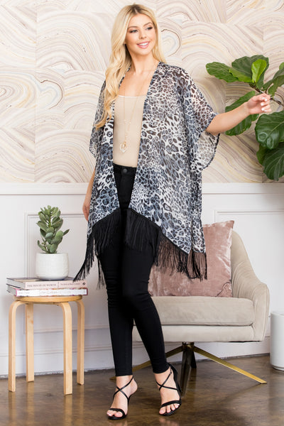 LEOPARD FRINGE KIMONO