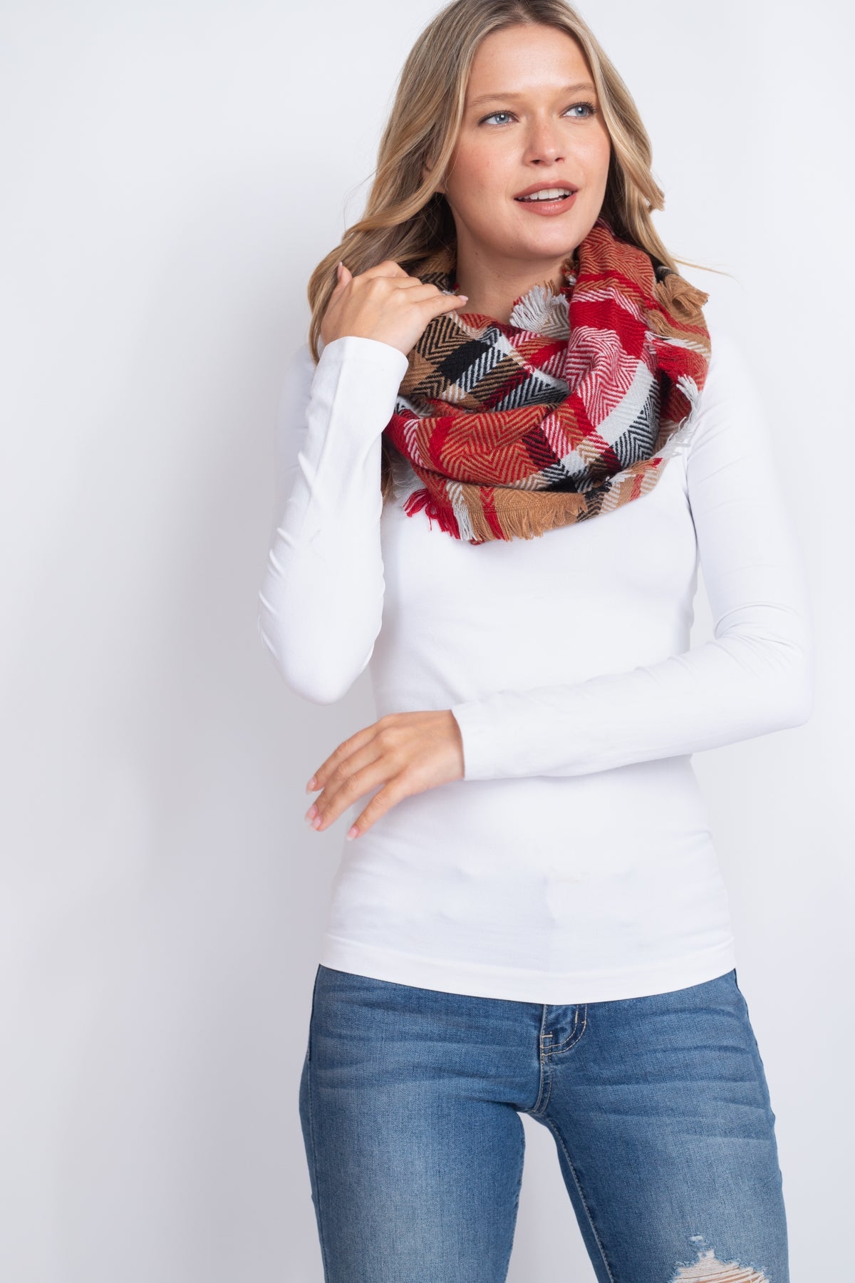 MULTI PLAID INFINITY SCARF ACRYLIC TAUPE RED