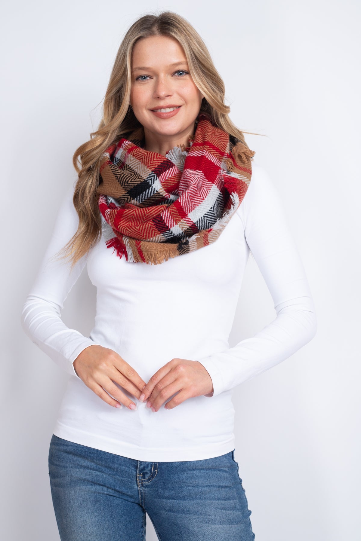 MULTI PLAID INFINITY SCARF ACRYLIC TAUPE RED