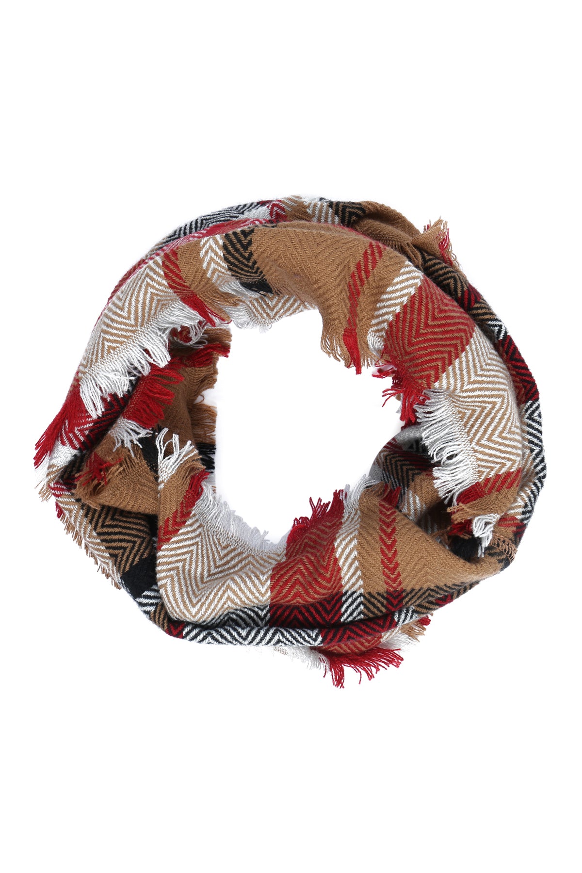 MULTI PLAID INFINITY SCARF ACRYLIC TAUPE RED