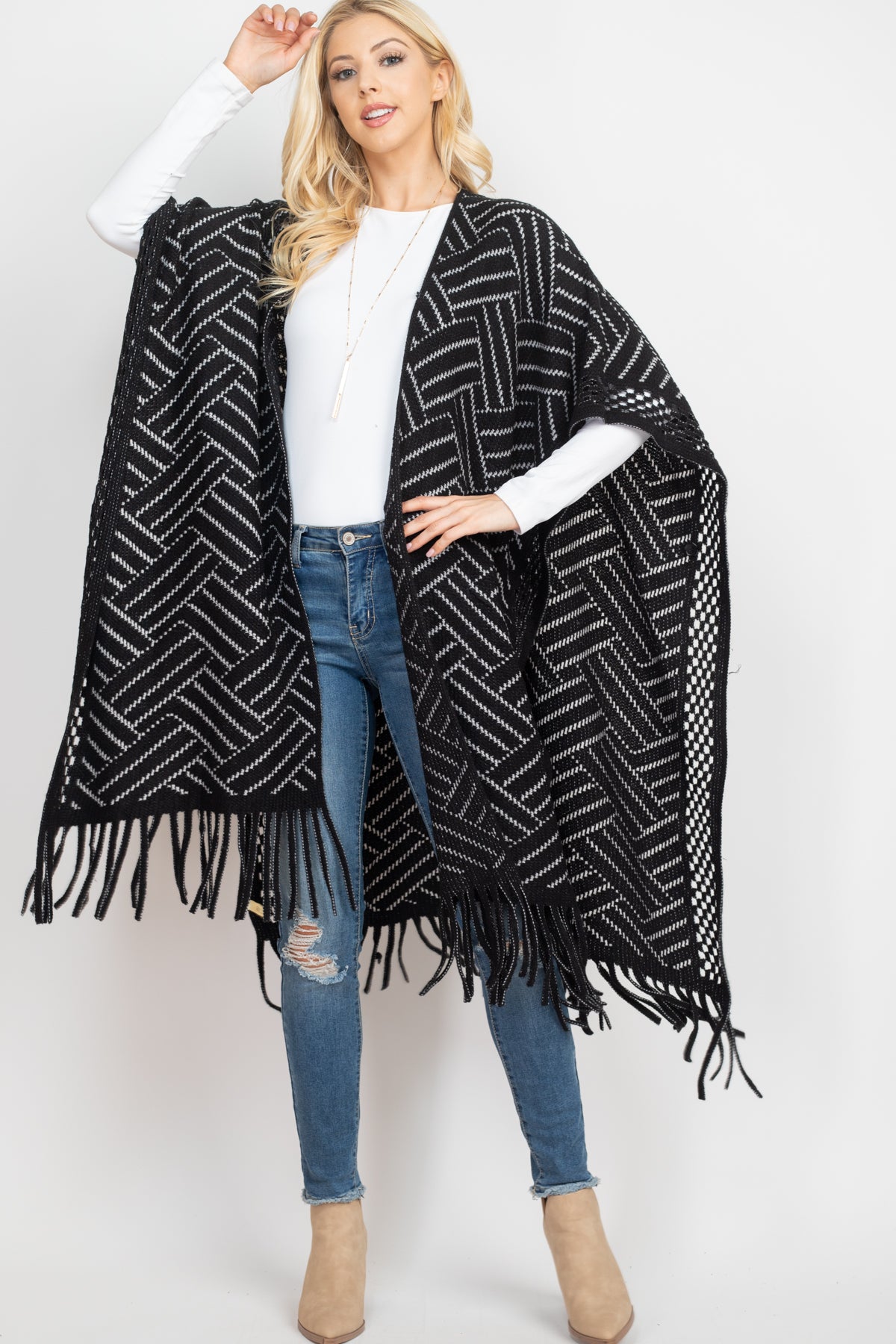 HERRINGBONE PATTERN KNIT FRINGE KIMONO & RUANA (NOW $9.75 ONLY!)