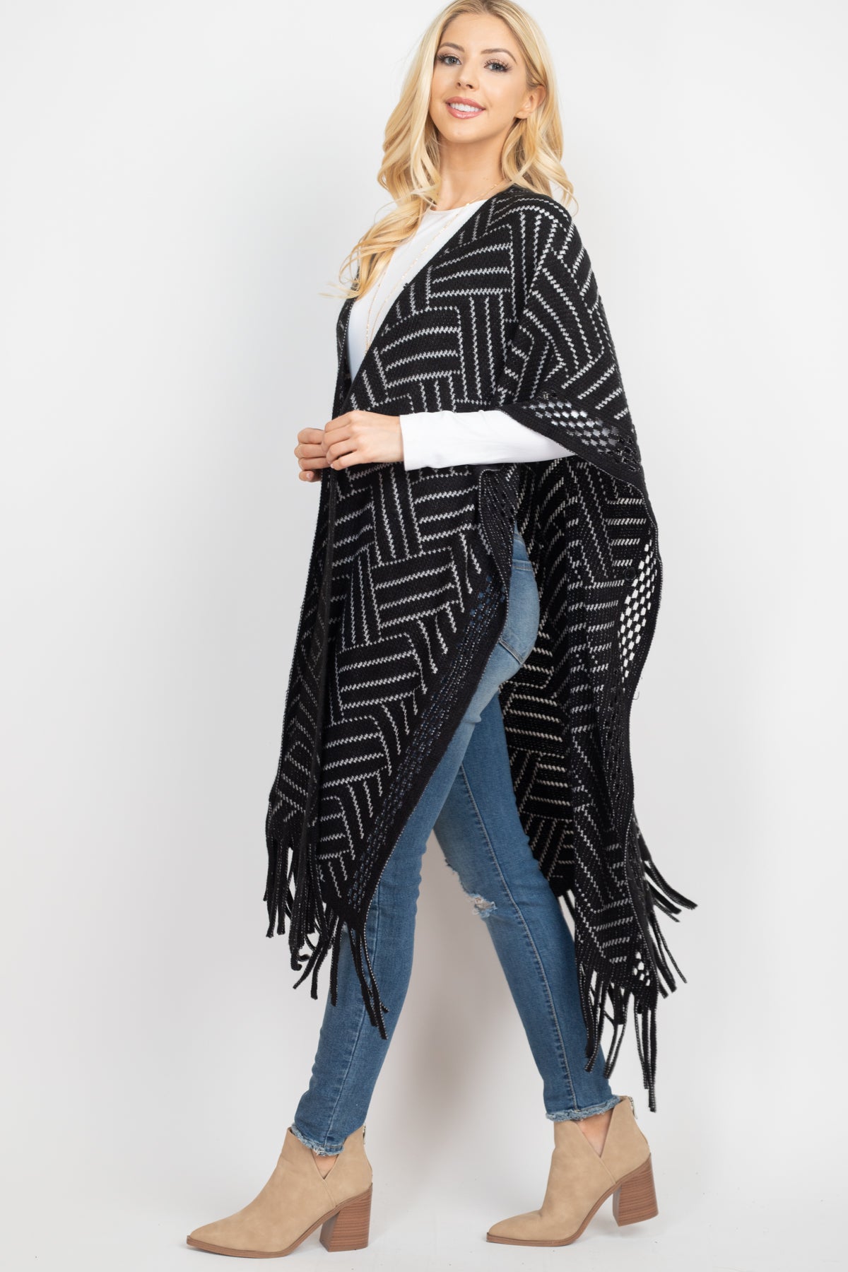 HERRINGBONE PATTERN KNIT FRINGE KIMONO & RUANA (NOW $9.75 ONLY!)