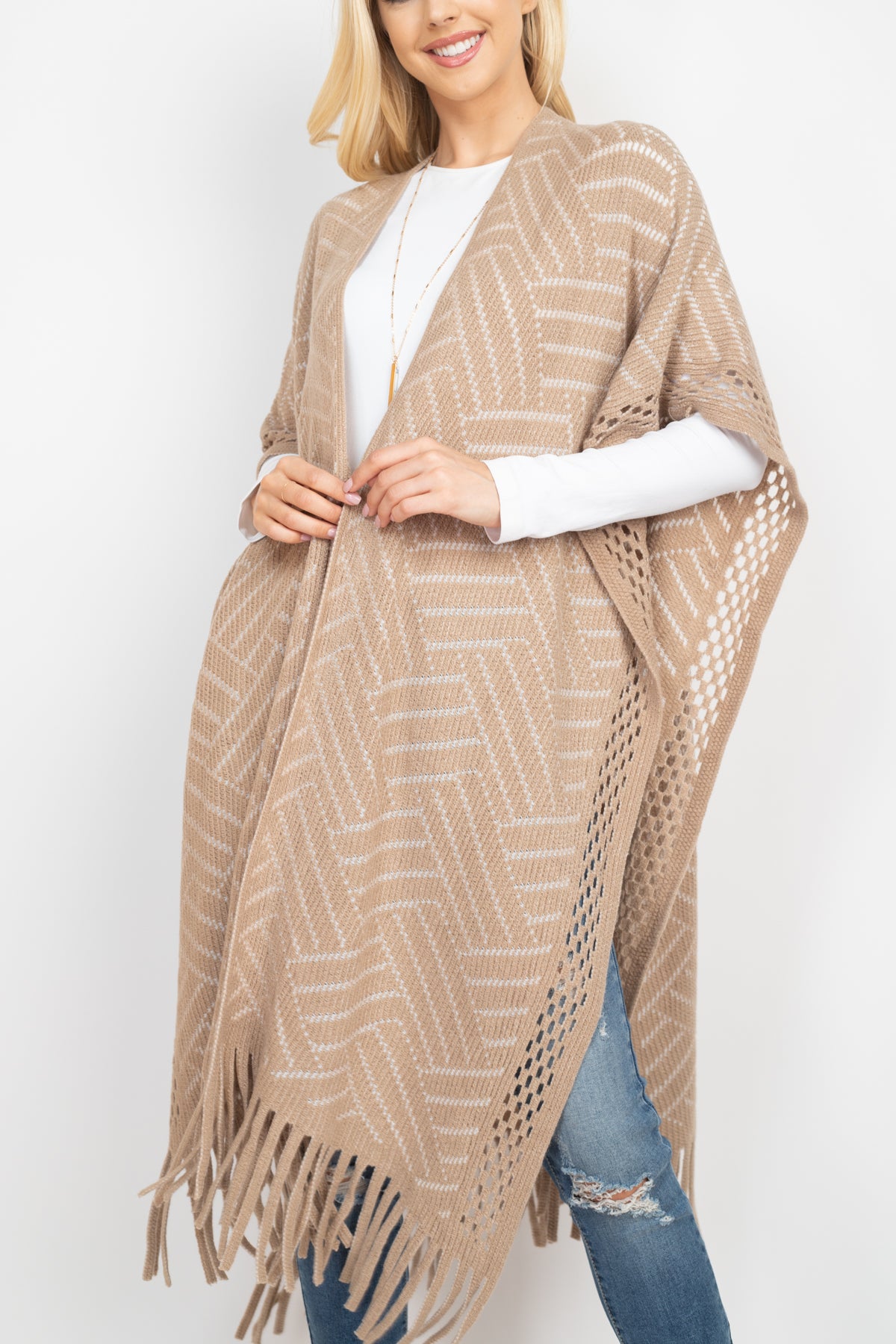 HERRINGBONE PATTERN KNIT FRINGE KIMONO & RUANA (NOW $9.75 ONLY!)