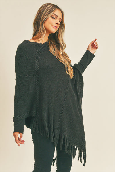 EMBOSSED DOTTED LINE TASSEL PONCHO