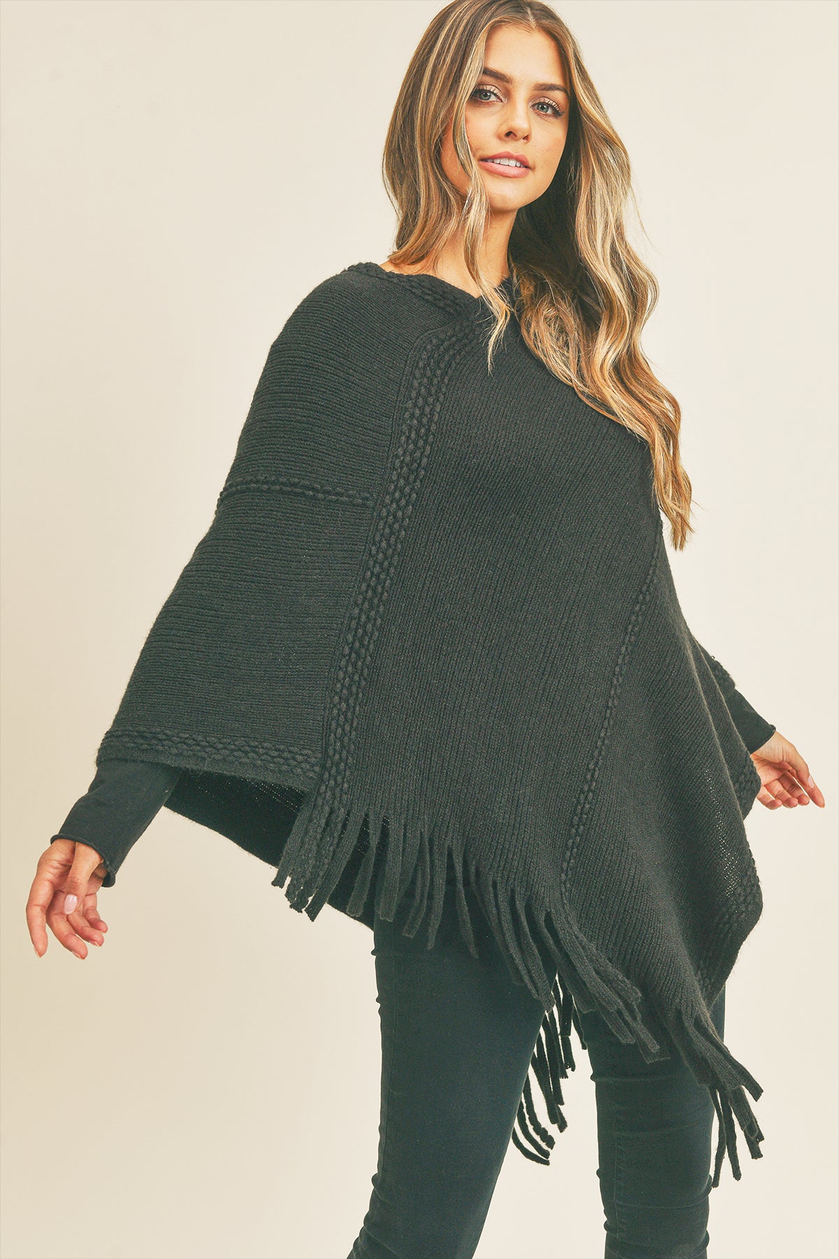 EMBOSSED DOTTED LINE TASSEL PONCHO