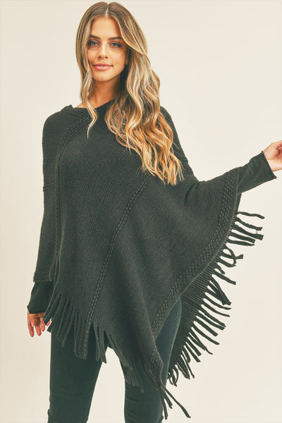 EMBOSSED DOTTED LINE TASSEL PONCHO