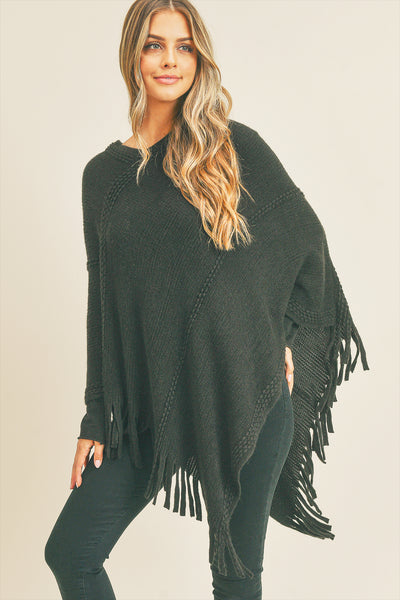 EMBOSSED DOTTED LINE TASSEL PONCHO