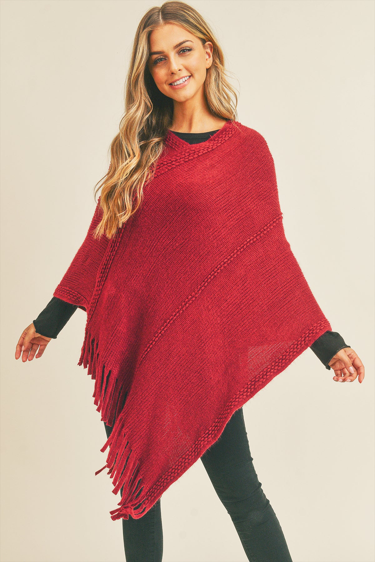 EMBOSSED DOTTED LINE TASSEL PONCHO