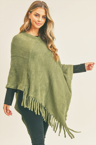 EMBOSSED DOTTED LINE TASSEL PONCHO