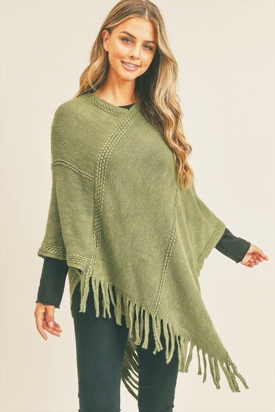 EMBOSSED DOTTED LINE TASSEL PONCHO