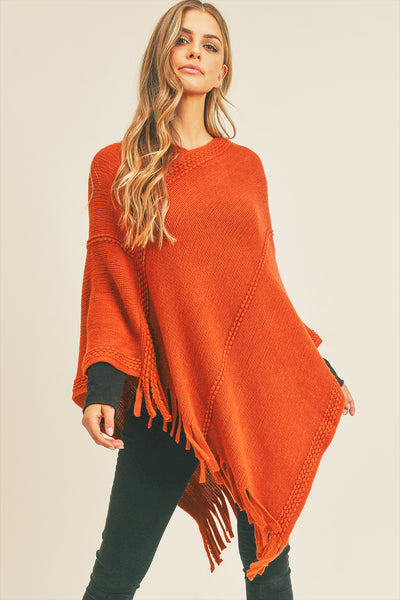 EMBOSSED DOTTED LINE TASSEL PONCHO