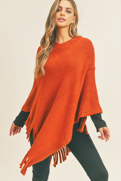 EMBOSSED DOTTED LINE TASSEL PONCHO