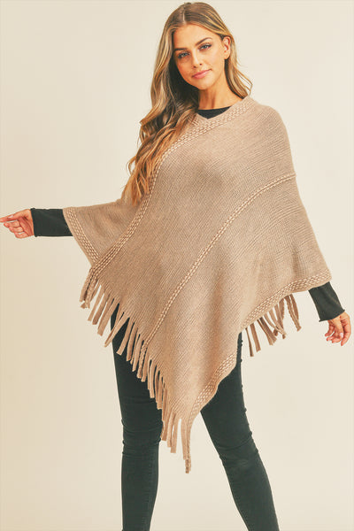 EMBOSSED DOTTED LINE TASSEL PONCHO