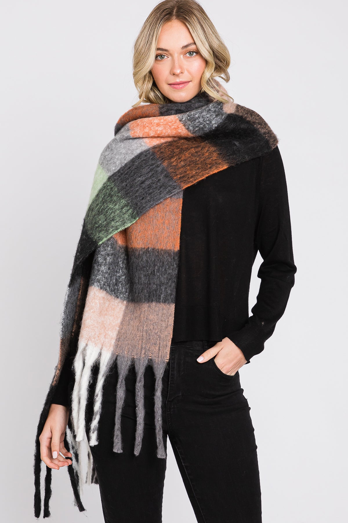 BRUSHED MULTI COLOR PLAID SCARF WITH FRINGE