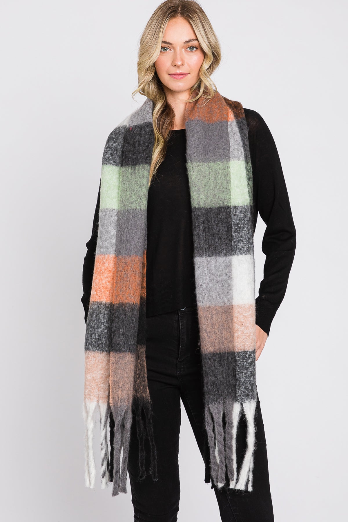 BRUSHED MULTI COLOR PLAID SCARF WITH FRINGE