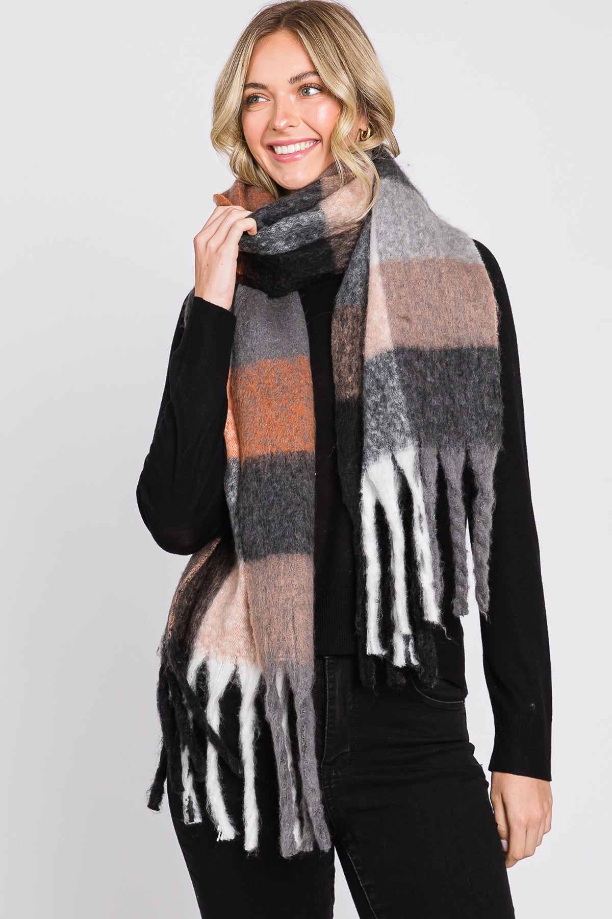 BRUSHED MULTI COLOR PLAID SCARF WITH FRINGE