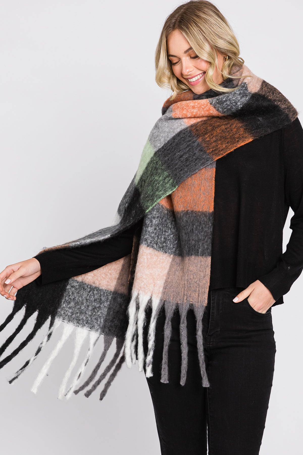 BRUSHED MULTI COLOR PLAID SCARF WITH FRINGE