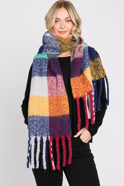 BRUSHED MULTI COLOR PLAID SCARF WITH FRINGE