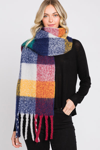 BRUSHED MULTI COLOR PLAID SCARF WITH FRINGE