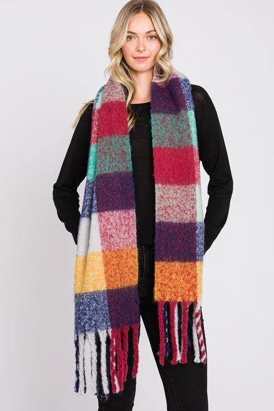 BRUSHED MULTI COLOR PLAID SCARF WITH FRINGE