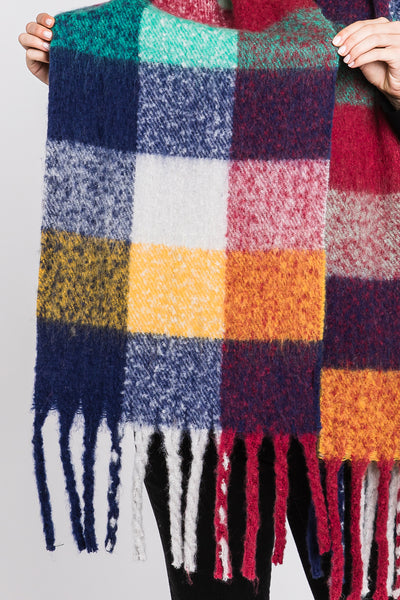 BRUSHED MULTI COLOR PLAID SCARF WITH FRINGE