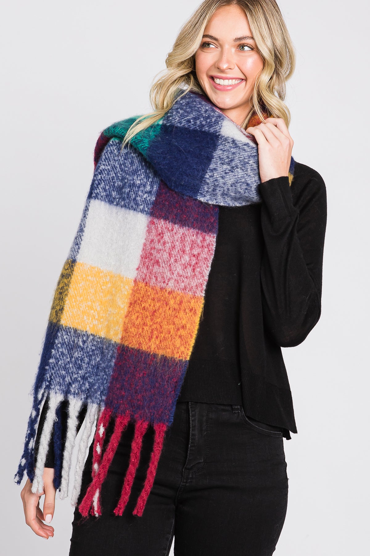 BRUSHED MULTI COLOR PLAID SCARF WITH FRINGE