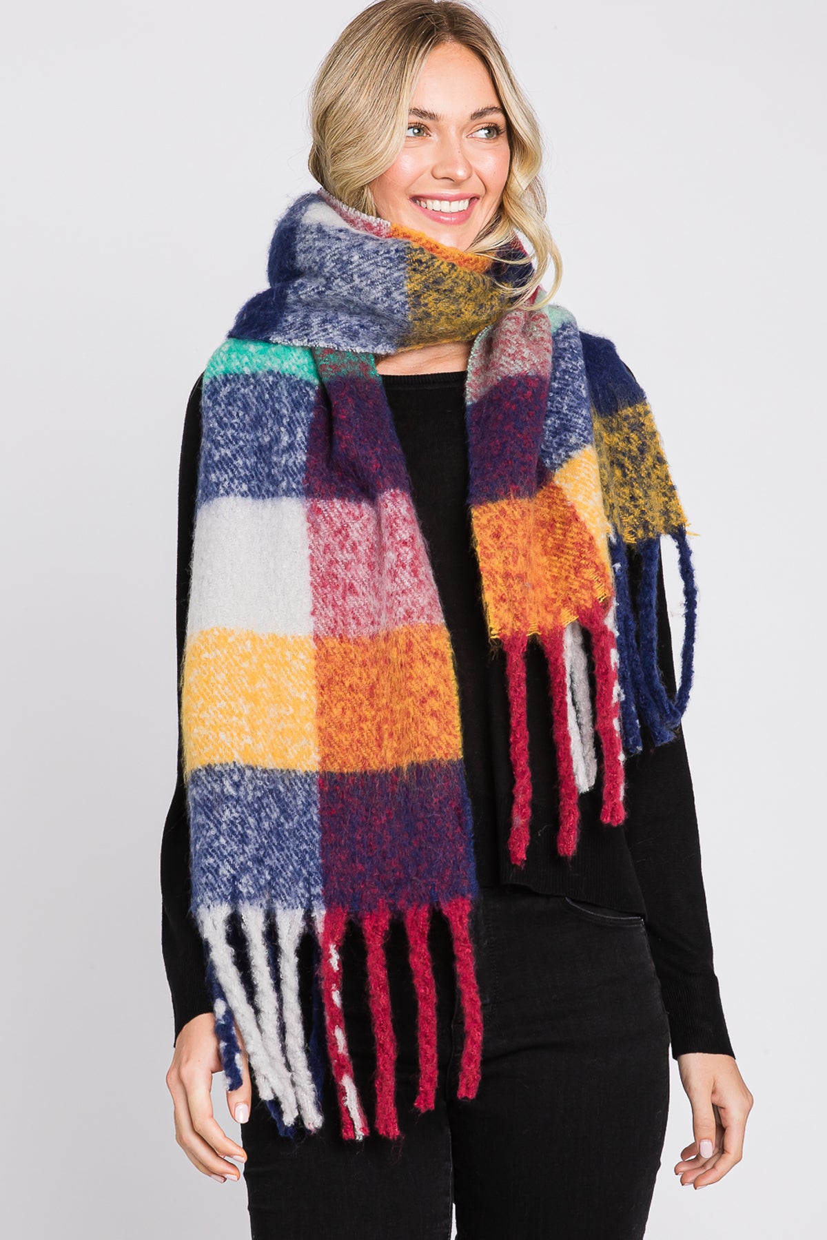 BRUSHED MULTI COLOR PLAID SCARF WITH FRINGE