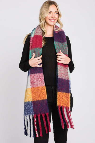 BRUSHED MULTI COLOR PLAID SCARF WITH FRINGE