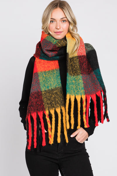 BRUSHED MULTI COLOR PLAID SCARF WITH FRINGE