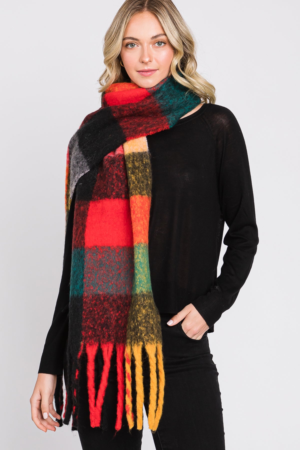 BRUSHED MULTI COLOR PLAID SCARF WITH FRINGE